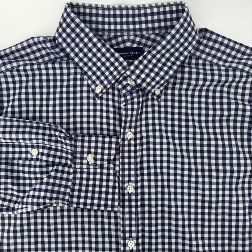 Proper‎ Cloth Mens XXL Performance Navy White Gingham Check Button Down Shirt